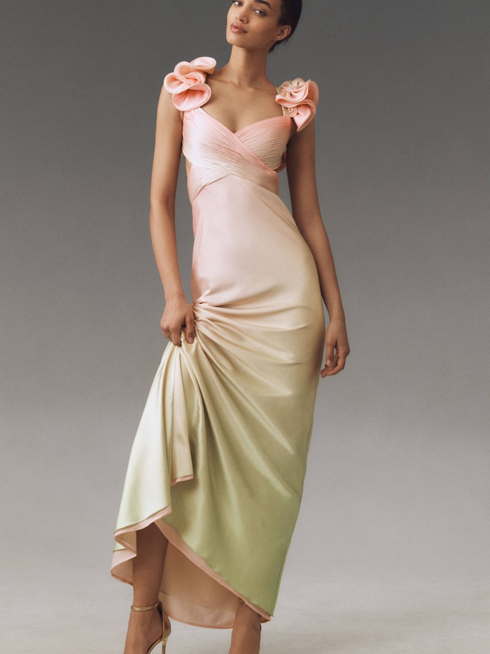 MAC DUGGAL CHARMEUSE RUFFLE-STRAP MAXI DRESS PROM, WEDDING, FORMAL GOWN - Size 2